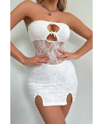 Beyaz Dantel İşlemeli Göğüs Dekolteli Seksi 5081