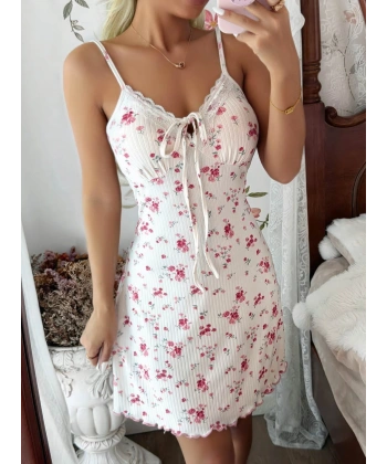 Kadın Çiçekli Bağlama Detaylı Askılı Mini Elbise 5246