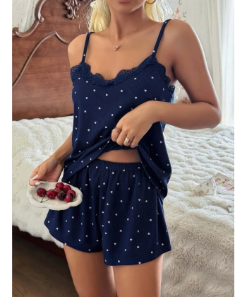 Kadın Dantel Detaylı Lacivert Şortlu Pijama Takım 5186