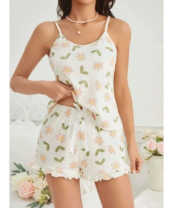 Kadın Ekru Çiçek Baskılı Şortlu Gecelik Pijama Takımı 5047