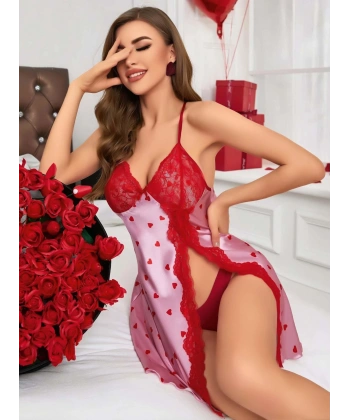 Kadın Kırmızı kalp Desenli saten Gecelik 2220