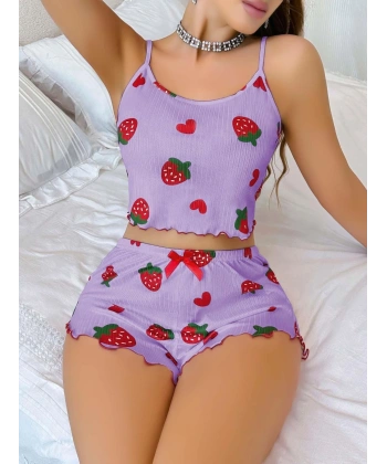 Kadın Mor Çilek desenli Şortlu Pijama Takımı 5061
