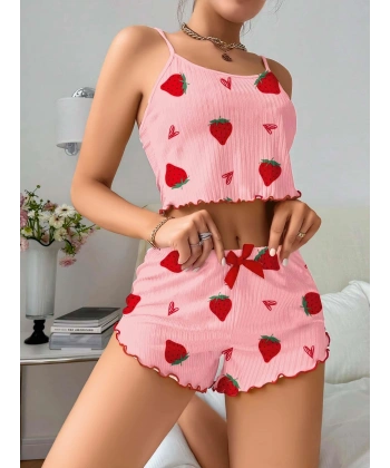 Kadın Pembe Çilek desenli Şortlu Pijama Takımı 5056