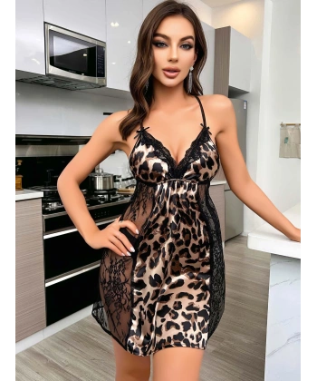 Kadın Siyah dantel Detaylı Leopar saten Gecelik 2223