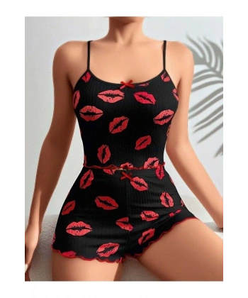 Kadın Siyah Dudak Desenli Şortlu Pijama Takımı 5057
