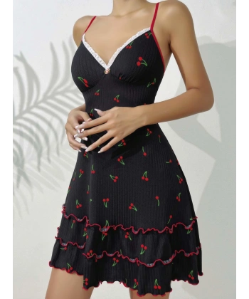 Kadın Siyah Kiraz Baskılı  Akılı Gecelik 5110