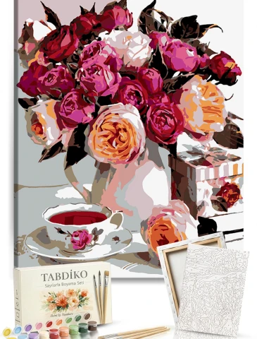 Sayılarla Boyama Seti 40 x 50 cm Tuval Şasesine Gerili Pembe Kamelyalar