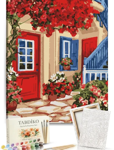 Sayılarla Boyama Seti 40 x 50 cm Tuval Şasesine Gerili Kırmızı Bahçe