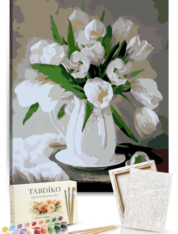 Sayılarla Boyama Seti 40 x 50 cm Tuval Şasesine Gerili Beyaz Çiçekler