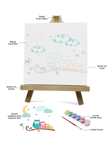Renklerle Çocuk Boyama Hobi Setleri 20 x 20 cm Tuvale Şasesine Gerili Baykuş Ailesi