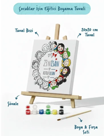 23 Nisan Çocuklar El Ele Temalı Boyama Tuvali – Şövaleli Boya Seti 20x20