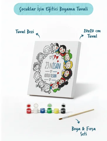 23 Nisan Çocuklar El Ele Temalı Boyama Tuvali – Şövalesiz Boya Seti 20x20