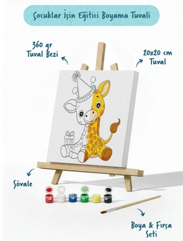 Zürafa Figürlü Çocuk Boyama Tuvali – Şövaleli Boya Seti 20x20