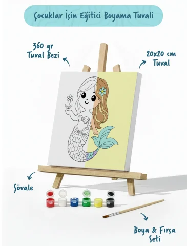 Deniz Kızı Figürlü Çocuk Boyama Tuvali – Şövaleli Boya Seti 20x20
