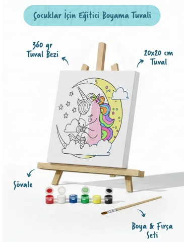 Unicorn Figürlü Çocuk Boyama Tuvali – Şövaleli Boya Seti 20x20
