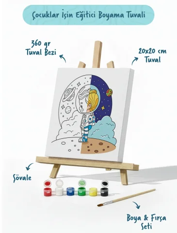 Uzaydaki Çocuk Figürlü Çocuk Boyama Tuvali – Şövaleli Boya Seti 20x20