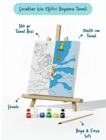 Uçaklı Köpek Figürlü Çocuk Boyama Tuvali – Şövaleli Boya Seti 20x20