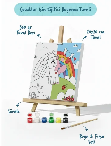 Unicorn Figürlü Çocuk Boyama Tuvali – Şövaleli Boya Seti 20x20
