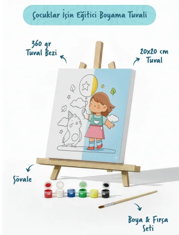 Balonlu Kız Figürlü Çocuk Boyama Tuvali – Şövaleli Boya Seti 20x20