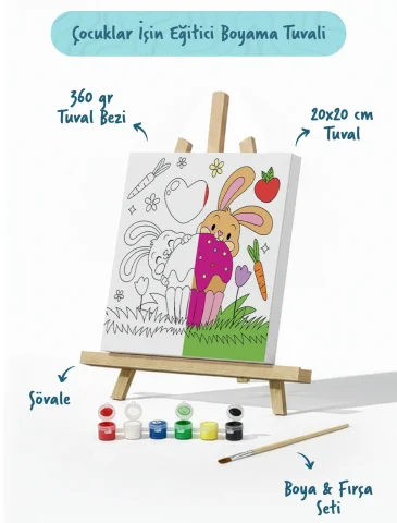 Tavşan Figürlü Çocuk Boyama Tuvali – Şövaleli Boya Seti 20x20