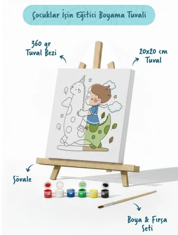 Dinozor Figürlü Çocuk Boyama Tuvali – Şövaleli Boya Seti 20x20