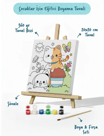 Kedi ve Köpek Figürlü Çocuk Boyama Tuvali – Şövaleli Boya Seti 20x20