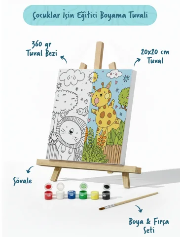 Sevimli Safari Hayvanları – Çocuk Boyama Tuvali Seti 20x20 cm