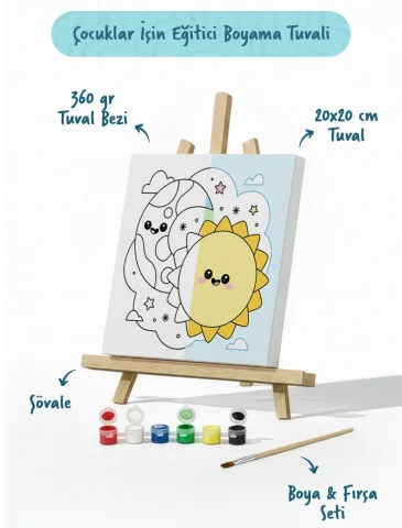 Güneş & Ay Figürlü Çocuk Boyama Tuvali – Şövaleli Boya Seti 20x20