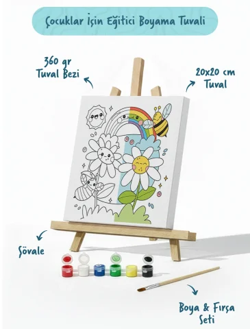 Arı & Gökkuşağı Figürlü Çocuk Boyama Tuvali – Şövaleli Boya Seti 20x20