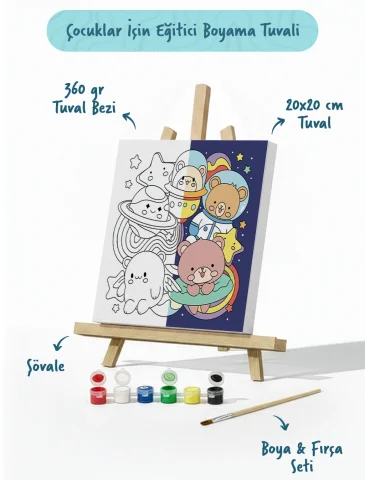 Uzay & Astronot Ayıcık Figürlü Çocuk Boyama Tuvali – Şövaleli Boya Seti 20x20