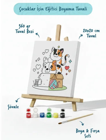 Kedi Figürlü Çocuk Boyama Tuvali – Şövaleli Boya Seti 20x20