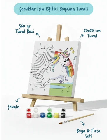 Unicorn & Gökkuşağı Figürlü Çocuk Boyama Tuvali – Şövaleli Boya Seti 20x20