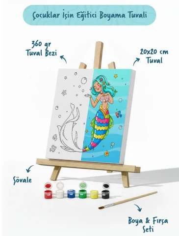 Deniz Kızı Figürlü Çocuk Boyama Tuvali – Şövaleli Boya Seti 20x20