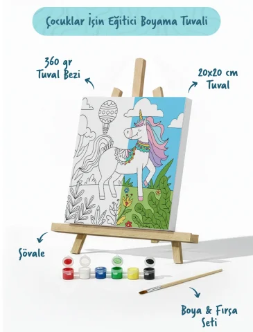Unicorn & Doğa Temalı Çocuk Boyama Tuvali – Şövaleli Boya Seti 20x20