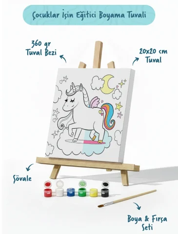 Unicorn Temalı Çocuk Boyama Tuvali Seti – Şövaleli Eğitici Boyama Seti 20x20 cm
