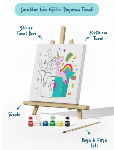 Unicorn Sürpriz Kutusu Çocuk Boyama Tuvali – Şövaleli Eğitici Boyama Seti 20x20 cm