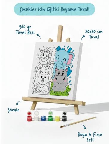 Safari Hayvanları Çocuk Boyama Tuvali – Şövaleli Eğitici Boyama Seti 20x20 cm