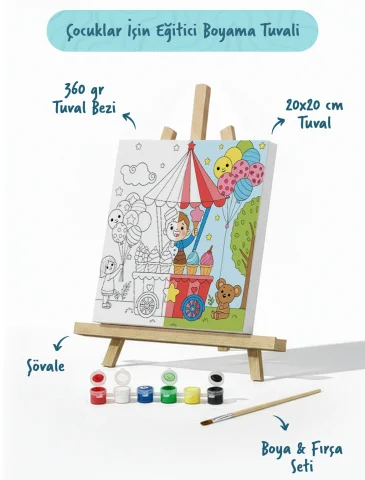 Dondurma Arabası Temalı Çocuk Boyama Tuvali – Şövaleli Eğitici Boyama Seti 20x20 cm