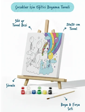 Gökkuşağı Unicorn Çocuk Boyama Tuvali – Şövaleli Eğitici Boyama Seti 20x20 cm