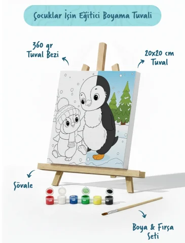 Penguen Temalı Çocuk Boyama Tuvali – Şövaleli Eğitici Boyama Seti 20x20 cm