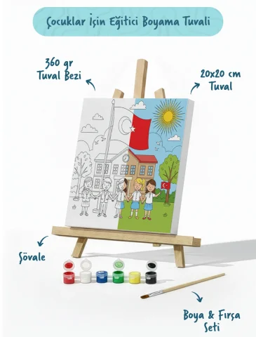 Okul ve Türk Bayrağı Temalı Çocuk Boyama Tuvali – Şövaleli Eğitici Boyama Seti 20x20 cm
