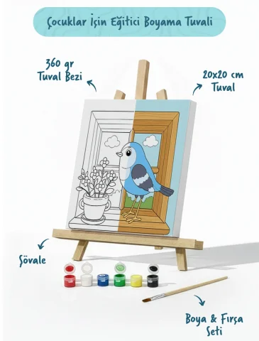 Pencere ve Kuş Temalı Çocuk Boyama Tuvali – Şövaleli Eğitici Boyama Seti 20x20 cm