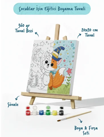 Sihirbaz Tilki Temalı Çocuk Boyama Tuvali – Şövaleli Eğitici Boyama Seti 20x20 cm