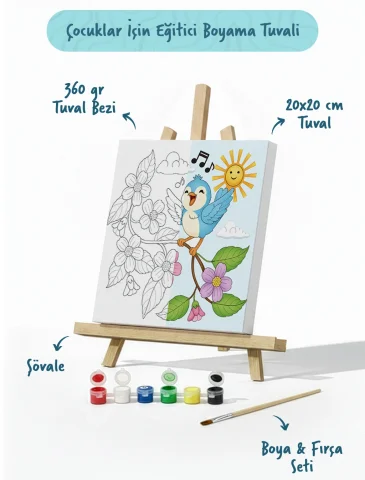 Şarkı Söyleyen Kuş Temalı Çocuk Boyama Tuvali – Şövaleli Eğitici Boyama Seti 20x20 cm