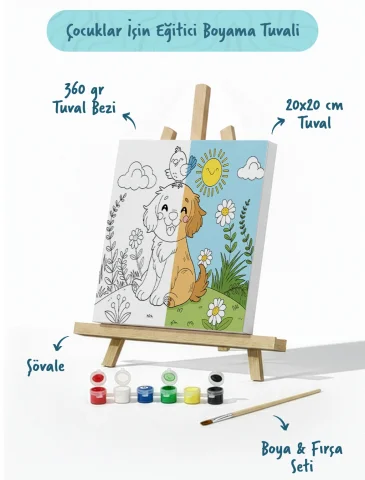 Sevimli Köpek ve Kuş Temalı Çocuk Boyama Tuvali – Şövaleli Eğitici Boyama Seti 20x20 cm
