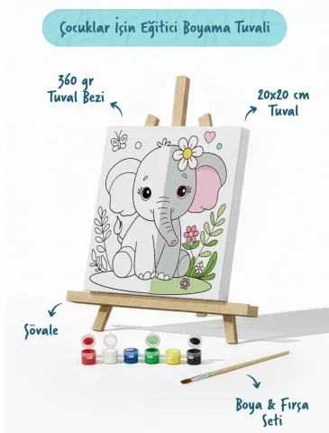 Sevimli Fil Temalı Çocuk Boyama Tuvali – Şövaleli Eğitici Boyama Seti 20x20 cm