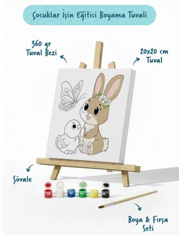 Sevimli Fil Temalı Çocuk Boyama Tuvali – Şövaleli Eğitici Boyama Seti 20x20 cm