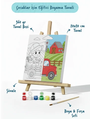 Çiftlik ve Kamyon Temalı Çocuk Boyama Tuvali – Şövaleli Eğitici Boyama Seti 20x20 cm