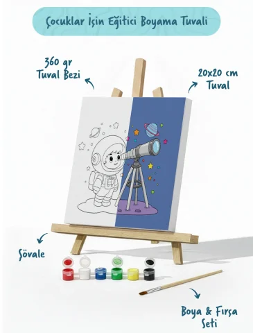 Astronot ve Uzay Temalı Çocuk Boyama Tuvali – Şövaleli Eğitici Boyama Seti 20x20 cm