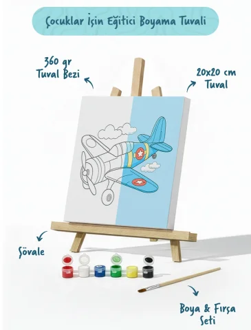 Uçak Temalı Çocuk Boyama Tuvali – Şövaleli Eğitici Boyama Seti 20x20 cm